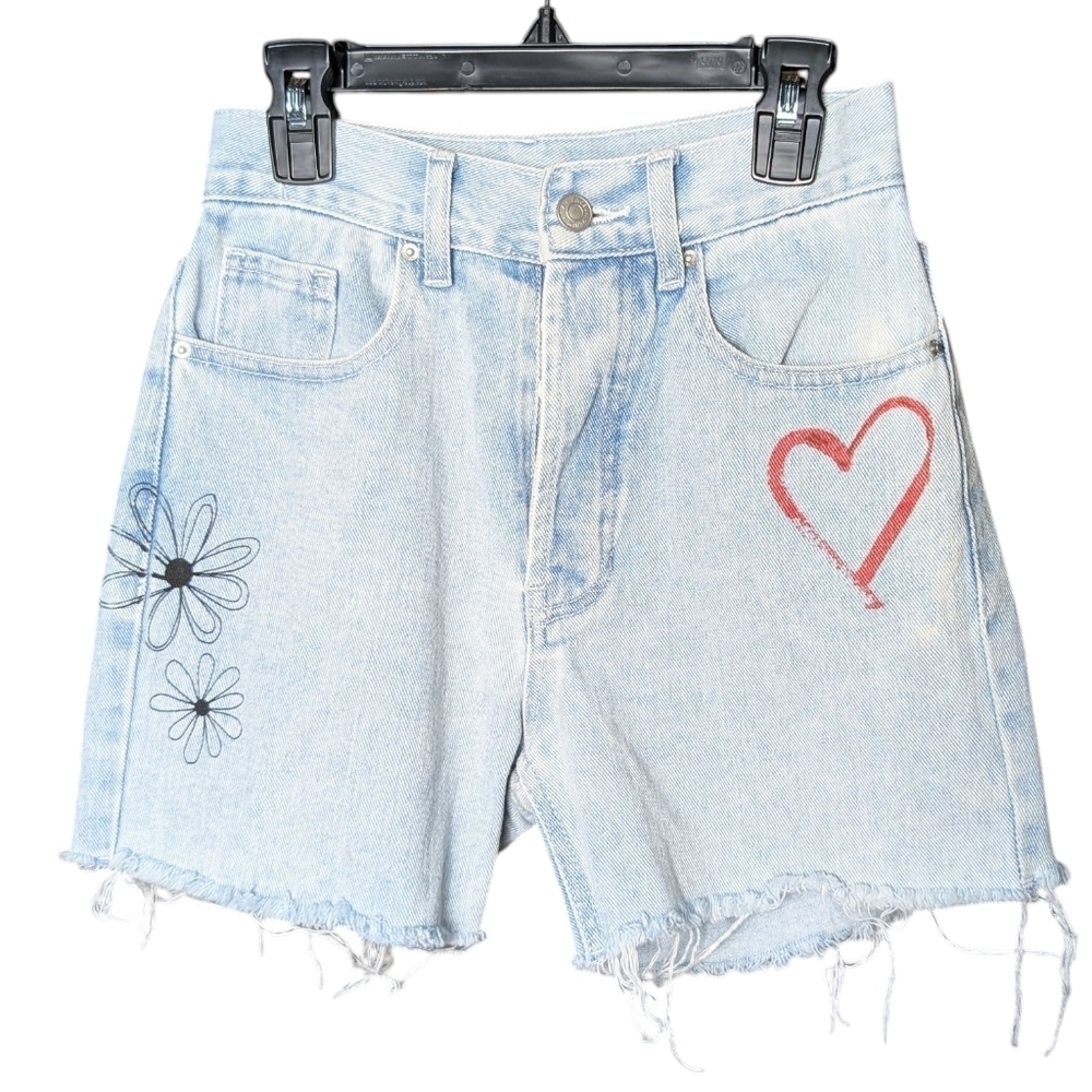 Pac Sun Light Blue Denim Shorts Heart Flower Rainbow Design Frayed Hem Like New